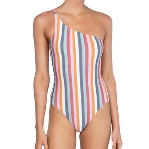 Peony Striped Pink Rainbow One Shoulder One-Piece Swimsuit Bikini SZ 4 NWT